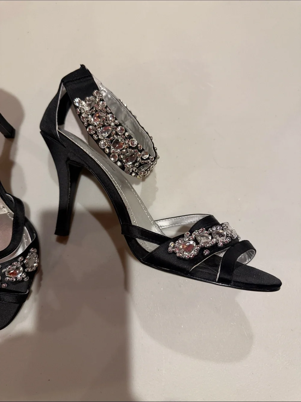 Adrienne Vittadini Black Jeweled Ankle-Strap Heels